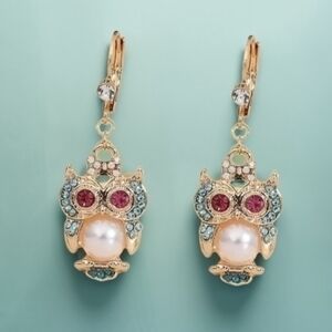 BETSEY JOHNSON JEWELED PEARL OWL EARRINGS